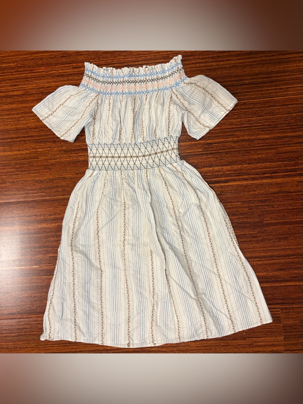 Miss Patina Smocked Cotton Cottagecore Striped Midi Dress Small